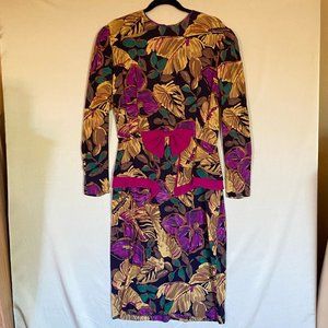 1980s Leaf Patterned Peplum Dress